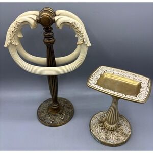 Vtg Brass Double Towel Ring Holder Soap Dish Pedestal‎ Stand Hollywood Regency